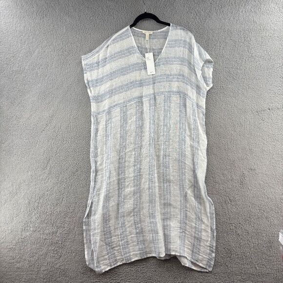 Eileen Fisher Organic Linen Gauze Striped Caftan Swim Cover Up Blue White NWT - Picture 1 of 11